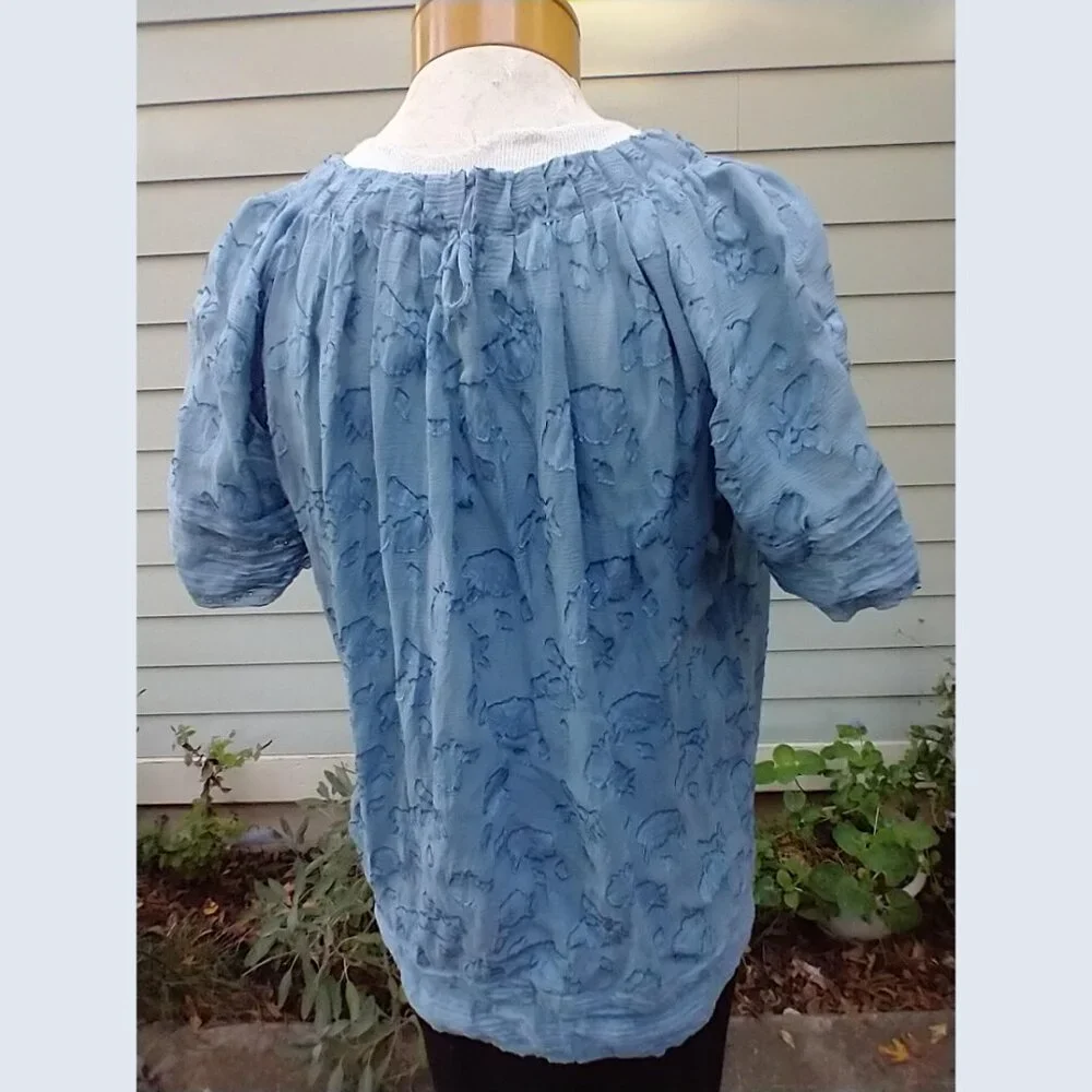 Top: Silk/rayon/cotton, blue, short sleeve. Size XL - by BCBGMAXAZRIA